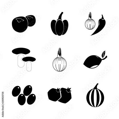 icon Fruits And Vegetables with tinder, garlic, olive berry, hot pepper and olive branch