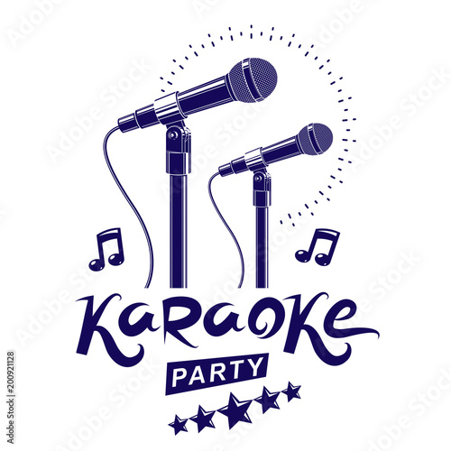 Karaoke party promotion poster design composed using musical notes and 5 pentagonal stars. Rap battle concept, two stage microphones vector illustration.