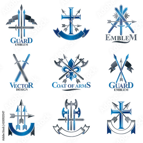 Vintage Weapon Emblems set. Heraldic Coat of Arms decorative emblems isolated vector illustrations collection.
