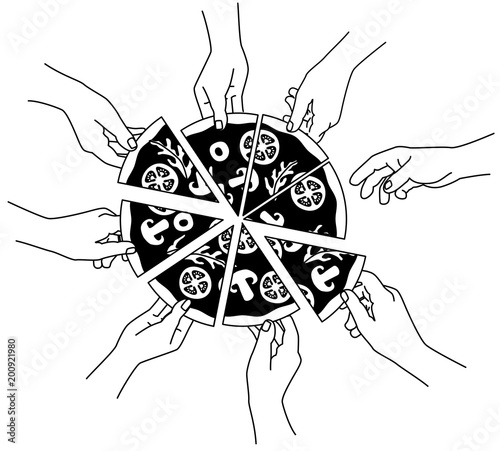Pizza, Vector Illustration from people eating pizza, hands grabbing piece of pizza.