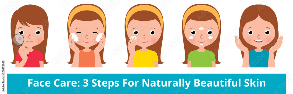 Stock vector cartoon illustration young woman taking care of her face skin in three beauty steps Stock vector cartoon illustration young woman taking care of her face skin in three beauty steps