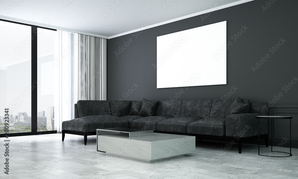 Fototapeta premium The 3d rendering interior design of modern living room and black wall texture pattern background and picture frame background 