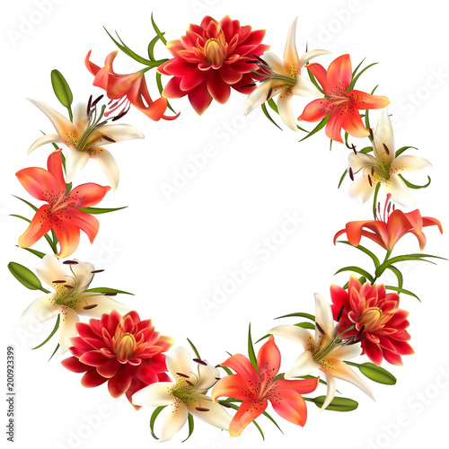 Lilies. Dahlia. Flowers. Floral background. Leaves. Wreath. Frame.