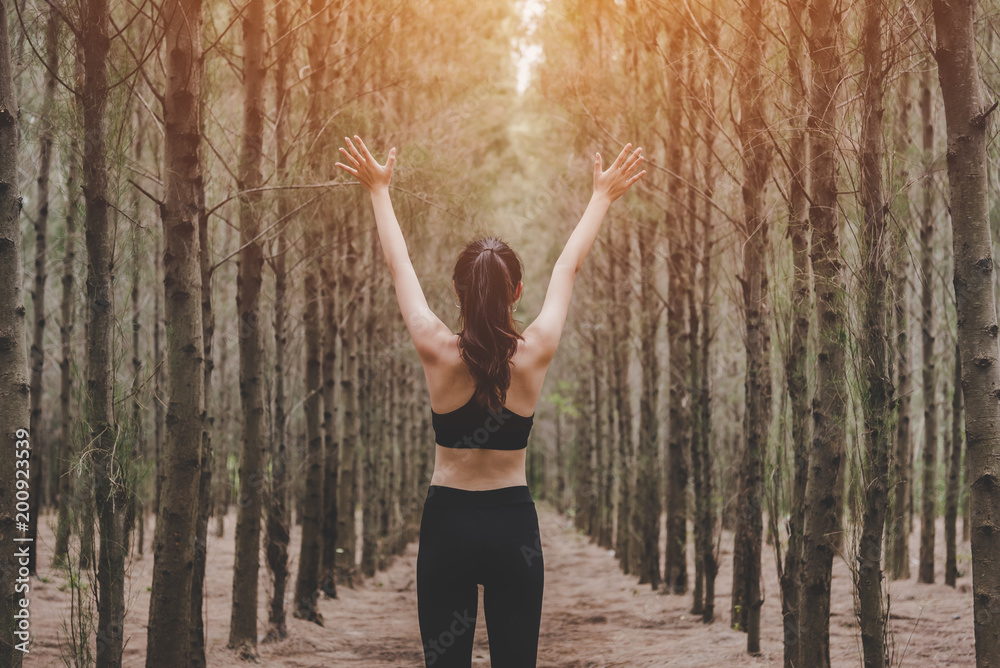 Fototapeta premium Beautiful slim female runner do stretching arms and warm up to running in peaceful forest in morning. Workout and exercise concept. Healthy in nature concept. Pine woods in autumn seasonal theme.