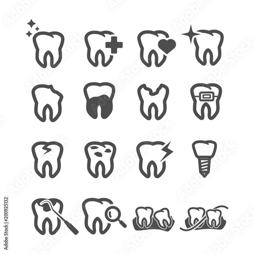 Tooth icons. Dental and Health care concept. Teeth and gum symptom concept. Glyph and outlines stroke icons theme