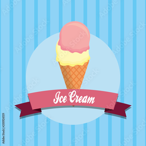 decorative ribbon and frame with ice cream cone icon over background, colorful design. vector illustration