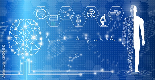 abstract background technology concept in blue light,brain and human body heal ,technology modern medical science in future and global international medical with tests analysis clone DNA human