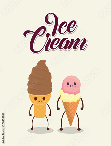 kawaii ice creams over white background  colorful design. vector illustration