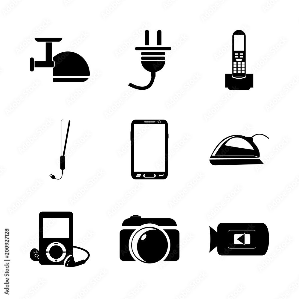 icon Electronic with camera, ironing, office, fashion and meat chropper icon Electronic with camera, ironing, office, fashion and meat chropper