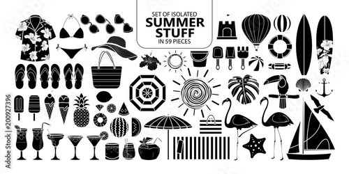 Set of isolated silhouette summer stuff in 59 pieces.