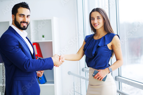 Businesspeople, or business person and client handshaking