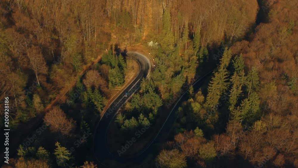 Aerial view of the mountain road, at sunrise