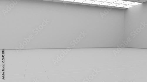 Blank white gallery background mock up isolated, cyclical camera rotation, 3d rendering. Clear gallery interior with plain surface. Art design empty room photo