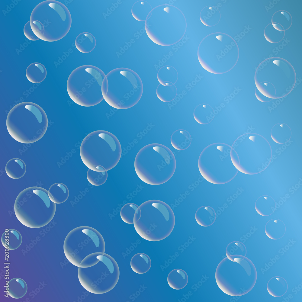 Soap bubbles on light blue background. Bubbles abstract background. Vector illustration