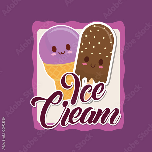 kawaii ice creams over purple background, colorful design. vector illustration