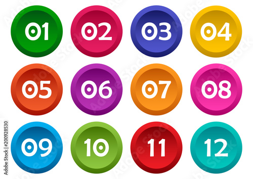 Colorful set of buttons with numbers from 01 to 12. Vector illustrati