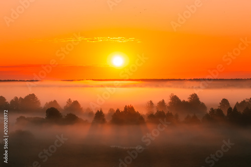 Amazing Sunrise Over Misty Landscape. Scenic View Of Foggy Morning Sky