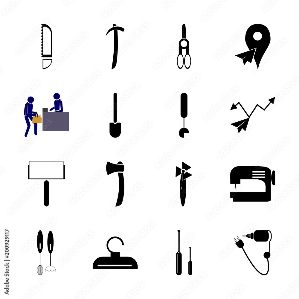 icon Instruments And Tools with buble, repair tool, paint roller, setup and paperplane icon Instruments And Tools with buble, repair tool, paint roller, setup and paperplane