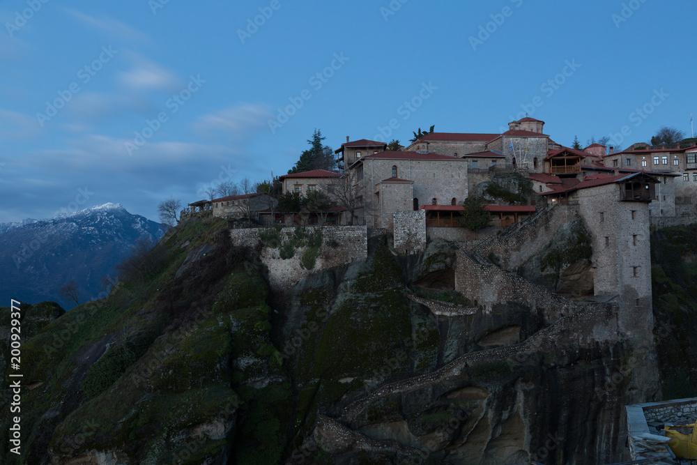 Monastery of Great Meteoron is the largest monastery at Meteora in night, Greece