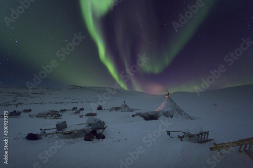 Billede på lærred Winter night landscape with sledges, tent and polar lights in the sky