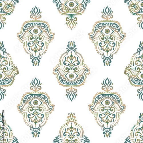 vintage ethnic pattern with hamsa, hand drawn vector illustration
