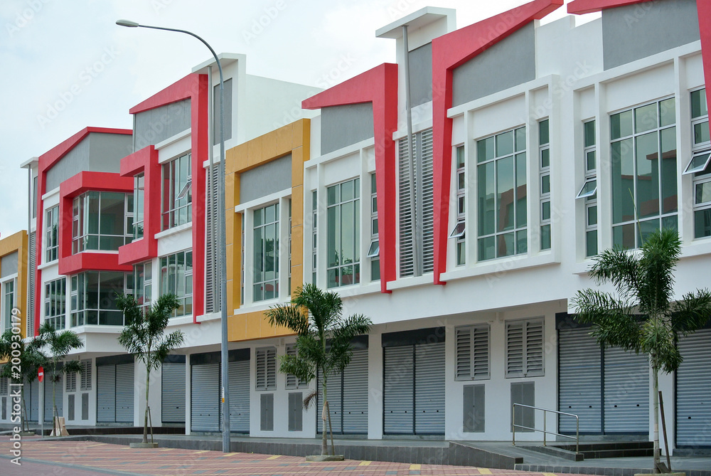 Shop lot building facade with modern architecture design and style in