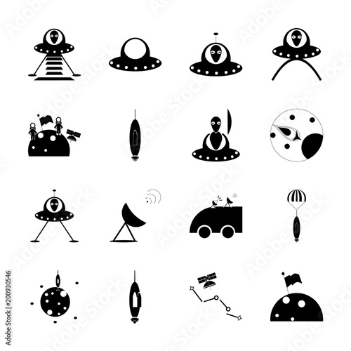 icon Cosmos with ufo, technology, rocket, alien and astrology