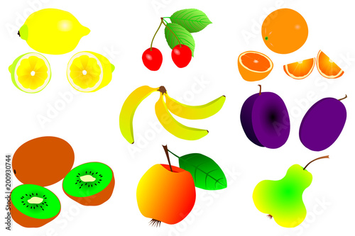 Fruit illustration - vector set, lemon, cherry, orange, banana, plum, kiwi, apple and pear,