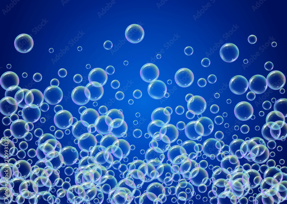Bath foam on gradient background. Realistic water bubbles 3d. Cool rainbow colored liquid foam with shampoo bubbles. Horizontal cosmetic flyer and invite. Bath foam for bathroom and shower.