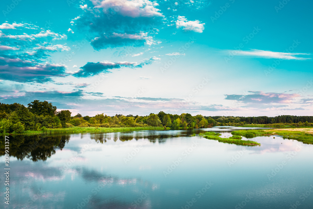 River Landscape In Belarus Or European Part Of Russia In Summer 