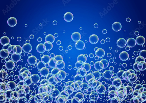 Bath foam on gradient background. Realistic water bubbles 3d. Cool rainbow colored liquid foam with shampoo bubbles. Horizontal cosmetic flyer and invite. Bath foam for bathroom and shower.