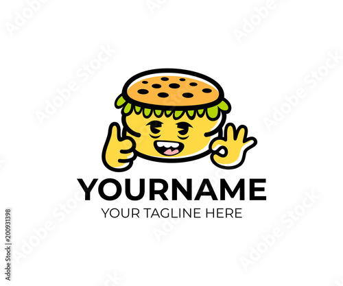 Cartoon colorful burger, logo template. Character colorful hamburger, vector design. Fast food and meal, illustration