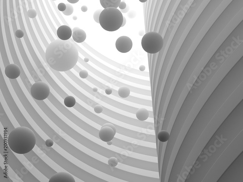 Abstract of architecture space with white sphere ball are falling from sky to the ground with light and shadow of the sun,3D render