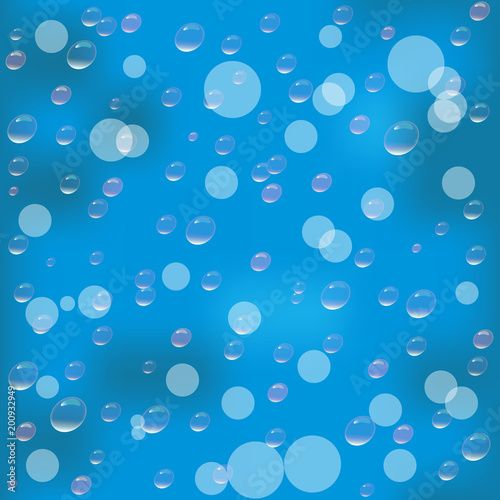 Realistic Water drops. Vector illustration. Transparent Water drops isolated on blue background.