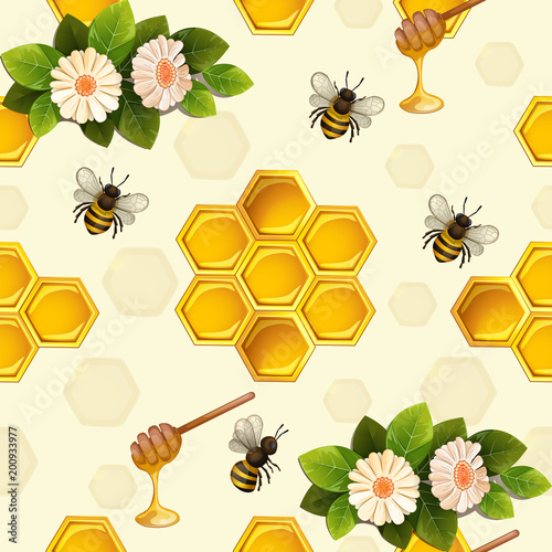 Fototapeta Naklejka Na Ścianę i Meble -  Seamless pattern with bees and honeycomb