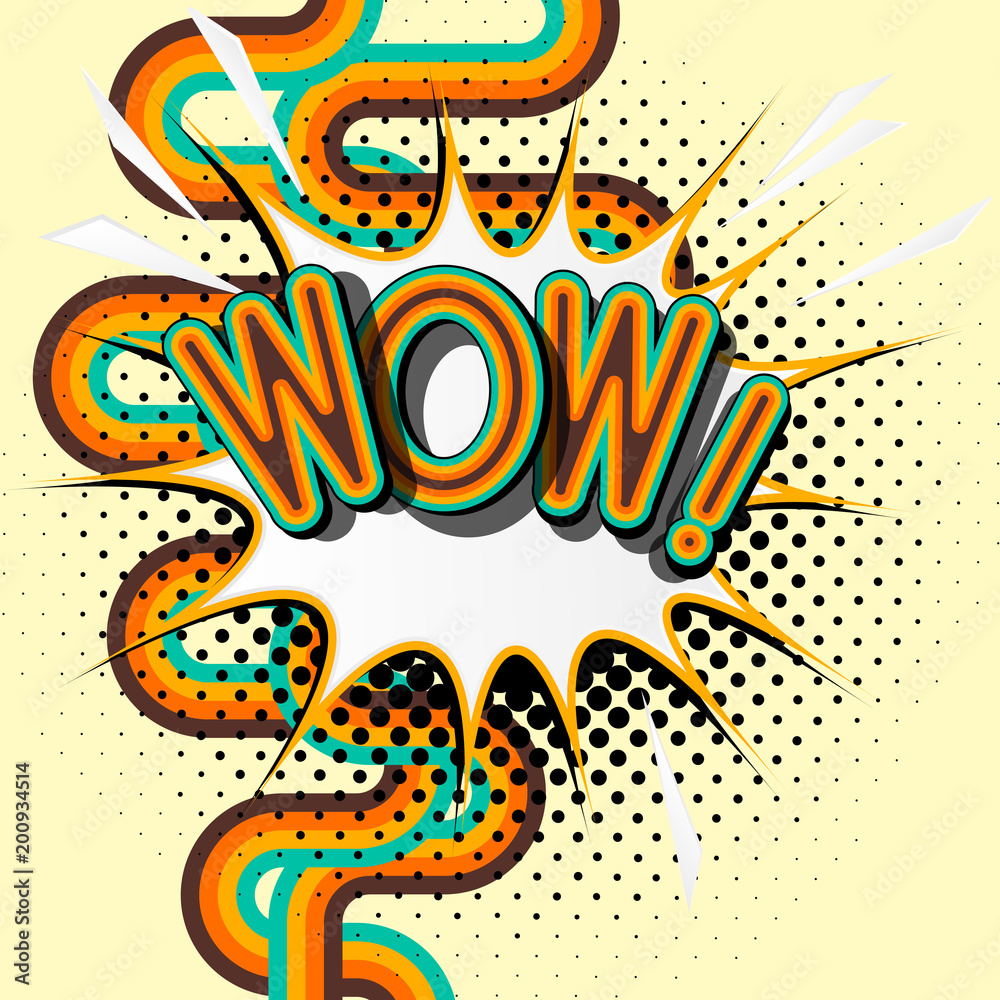 WOW - retro lettering with shadows, halftone pattern on retro poster background. Vector bright illustration in vintage pop art style. WOW - retro lettering with shadows, halftone pattern on retro poster background. Vector bright illustration in vintage pop art style.