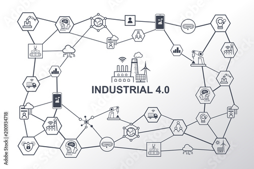 Industry 4.0 diagram and Smart manufacturing concept. Industrial 4.0 process system on industrial factory and connection with automation, robot, data management.