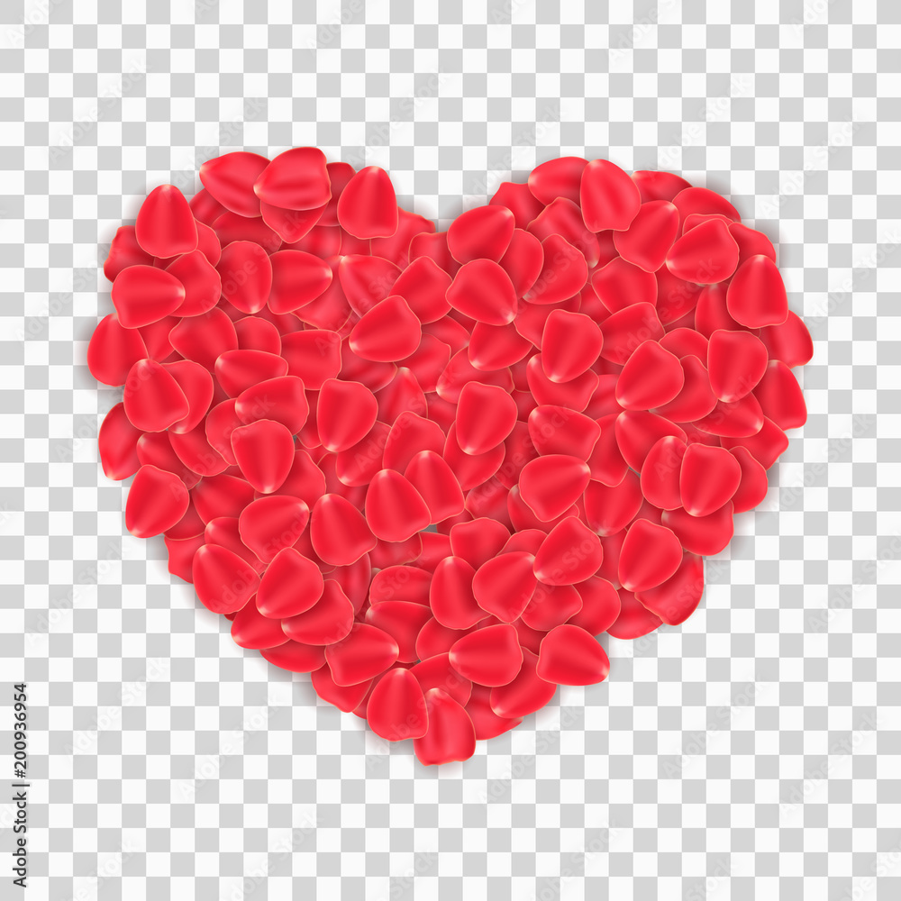 The heart of red rose petals is isolated on a transparent background. Happy Valentine's Day. Happy Mother's Day. I love you. Romantic graphic element. Amur. Vector illustration.
