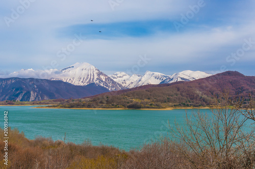 Lake of Campotosto  Abruzzo  Italy  - A huge artificial lake at 1400 meters above sea level  in the heart of the snow-capped Appennini mountains  province of L Aquila