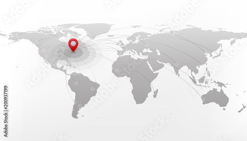 Travel destination concept. International journey. Red pointer on grey world map
