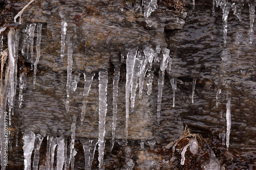 Icicles on a broken shale wall. 