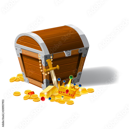 Old pirate chest full of treasures, gold coins, ingots, jewelry, crown, dagger, vector, cartoon style, illustration, isolated. For games, advertising applications