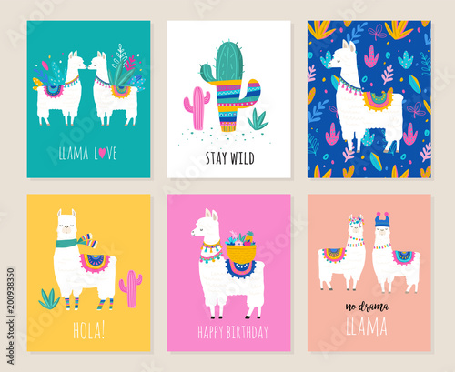 Llama and alpaca collection of cute hand drawn illustrations, cards and design for nursery design, poster, greeting card