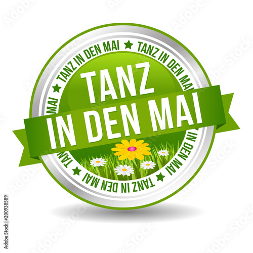 Tanz in den Mai Button mit Bumenwiese. Web Banner Button.