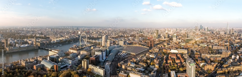 London Aerial Panorama View feat. Houses of Parliament, London Eye, Westminster on Thames River, Shard and Famous English Landmarks Skyline Wide Panoramic Birds Eye View in England, United Kingdom UK
