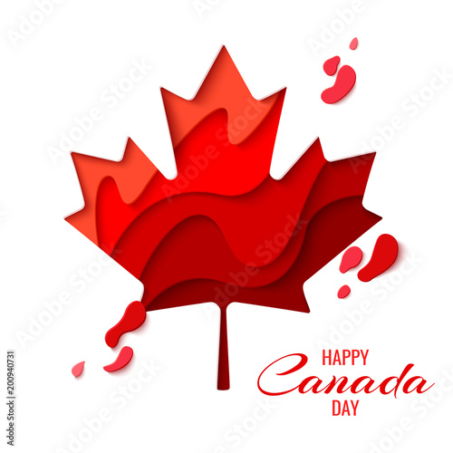 Happy Canada Day vector holiday poster with red paper cut canada maple leaf. 1th of July celebration background