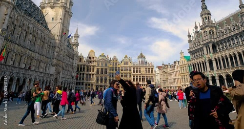 Brussels Bruxelles Belgium - April 2018 :  Brussels Bruxelles Central Square. 
City Center Time Lapse / Hyperlapse.  Grand Place in Brussels. photo