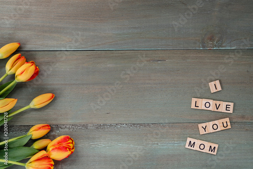 Colorful tulips on weathered green planks. Tile letters with sentiment for Mother's Day.