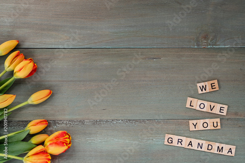 Colorful tulips on weathered green planks. Tile letters with sentiment for Mother's Day.