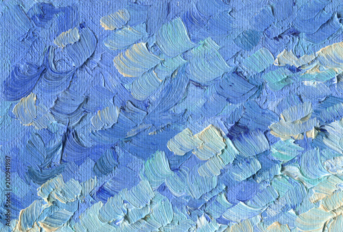 Oil Painting on canvas. Rough texture of large brush strokes. Blue sky with clouds. Sunny summer day in the mountains.